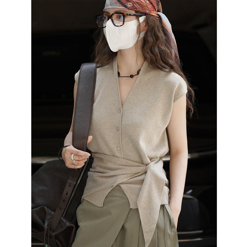 Damen Ärmellose Feinstrick‑Weste mit V‑Ausschnitt, Knopfleiste und Bindeband‑Taille Shop Nory