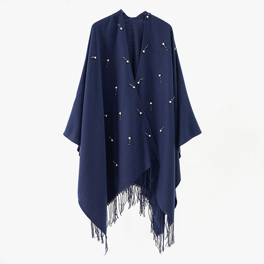Damen Eleganter bestickter Wollmix-Poncho‑Cape mit Perlenbesatz Shop Nory