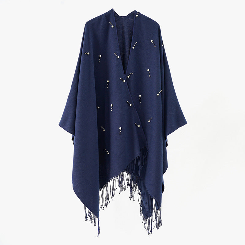 Damen Capeponcho mit Perlenbesatz und Fransensaum aus Wollmix Shop Nory