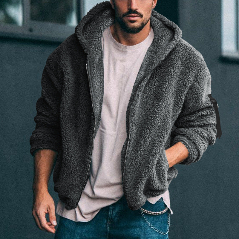 Herren Gefütterte Fleece-Kapuzenjacke mit Teddy-Finish, Reißverschluss und Seitentaschen Shop Nory