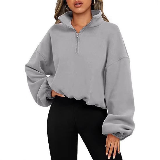 Damen nan kurz geschnittenes Halbzip-Sweatshirt mit hohem Stehkragen, Ballonärmeln und elastischem Saum Shop Nory