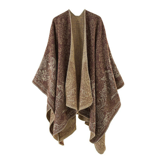 Damen Strickponcho im Ethno-Jacquard mit offenem Fall Shop Nory