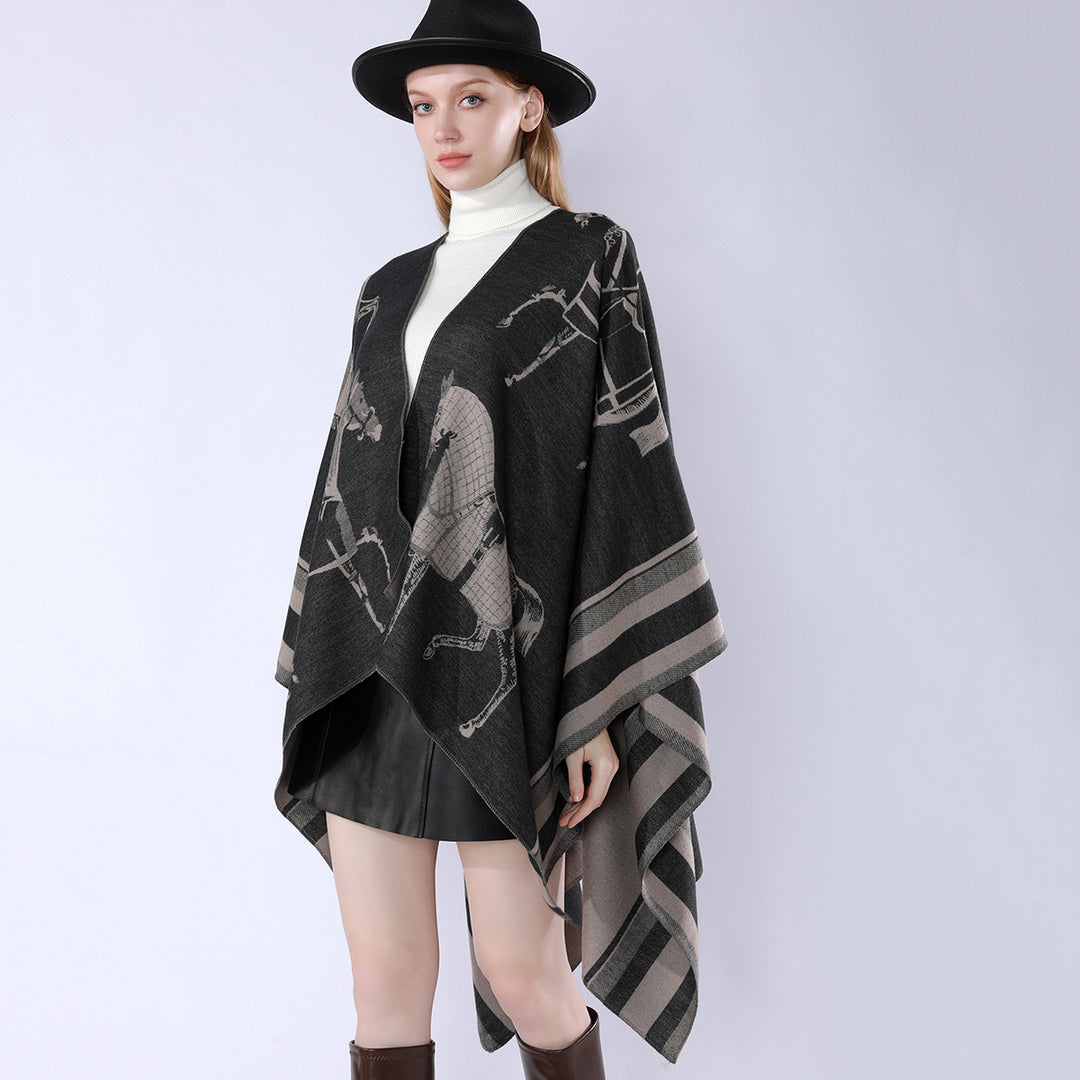 Damen Jacquard-Poncho-Überwurf mit Pferde-Motiv und kastiger Kimono-Silhouette Shop Nory