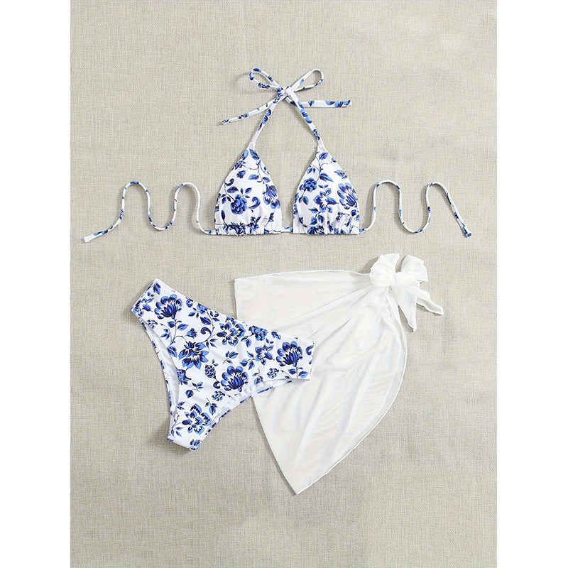 Damen Triangel-Bikini-Set mit floralem Muster und leichtem Überwurf