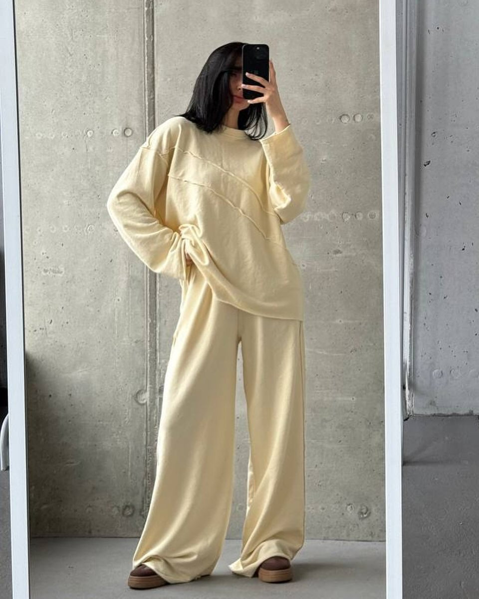 Damen weiches Oversize Lounge-Set mit diagonalem Ziernähten und extra weiter Palazzo-Hose Shop Nory