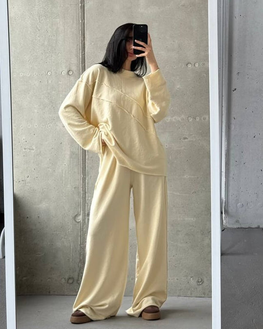 Damen weiches Oversize Lounge-Set mit diagonalem Ziernähten und extra weiter Palazzo-Hose Shop Nory