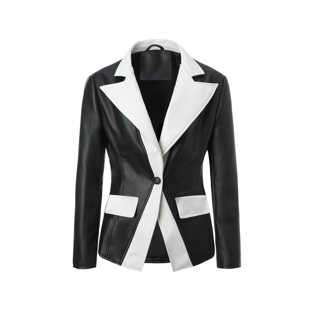 Damen Kontrastblazer aus Kunstleder mit spitzem Revers und taillierter Schnittführung Shop Nory