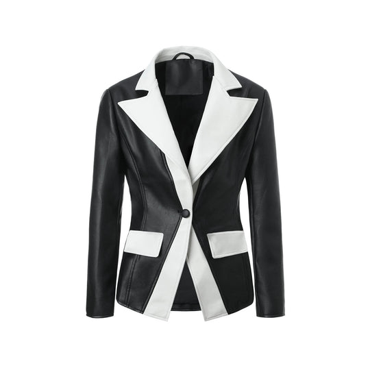 Damen Kontrastblazer aus Kunstleder mit spitzem Revers und taillierter Schnittführung Shop Nory