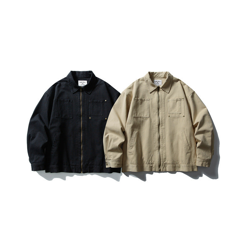 Unisex Kastig geschnittene Canvas-Workwear-Jacke mit durchgehendem Reißverschluss und aufgesetzten Brusttaschen Shop Nory