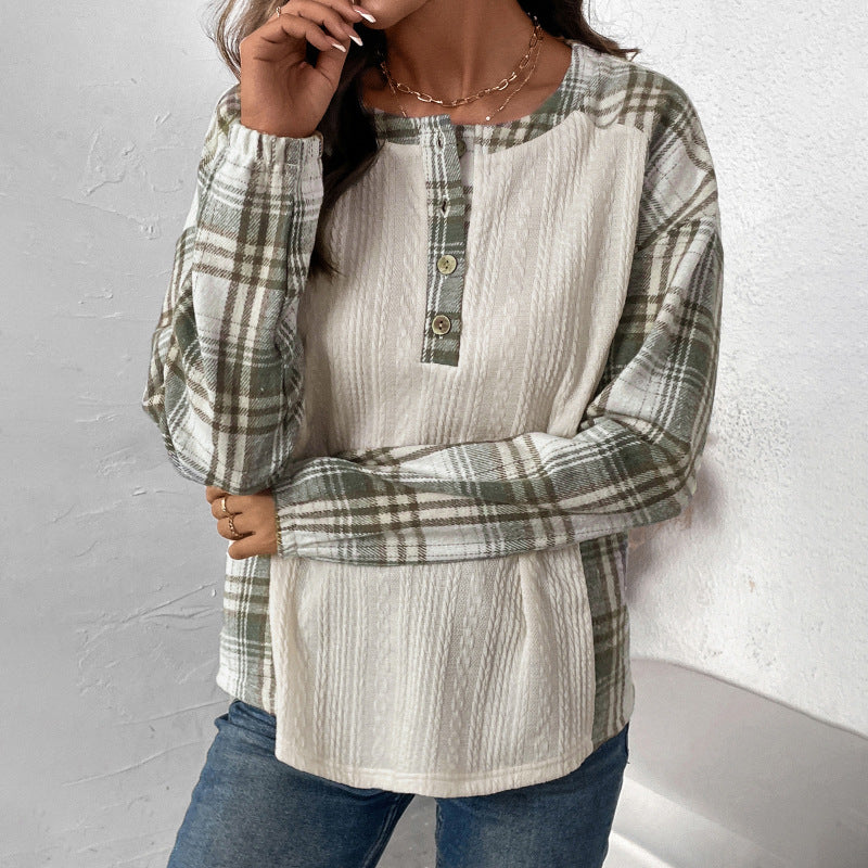 Damen Langärmeliges Strick-Blend-Shirt mit Karo-Ärmeln, Henley-Knopfleiste & Strukturmix Shop Nory