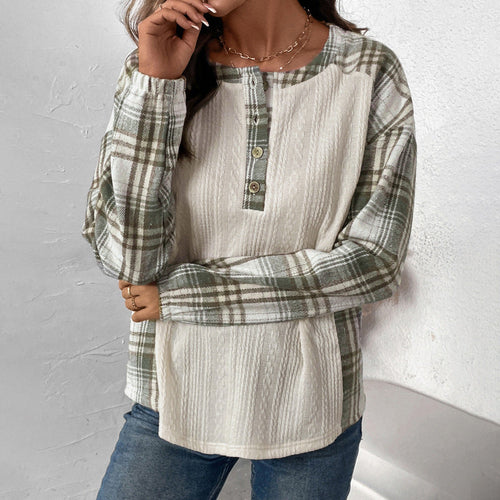 Damen Langärmeliges Strick-Blend-Shirt mit Karo-Ärmeln, Henley-Knopfleiste & Strukturmix Shop Nory