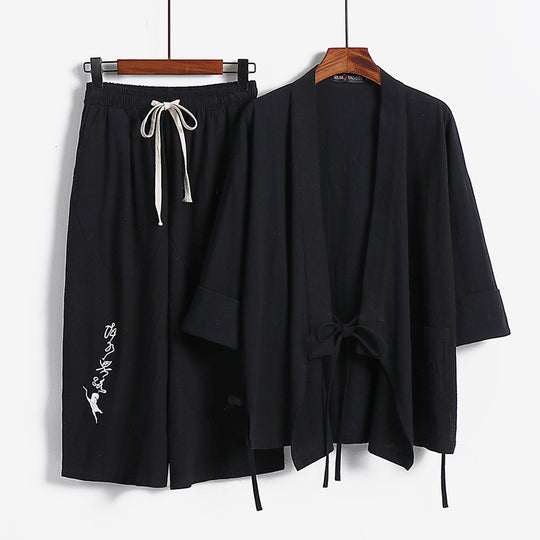 Unisex Leichtes Kimono-Loungewear-Set aus Baumwoll-Leinen mit bestickter Haremshose und Bindegürtel Shop Nory