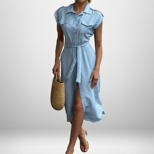 Damen Hemdblusenkleid mit schickem Bindegürtel und praktischen Pattentaschen Shopnory