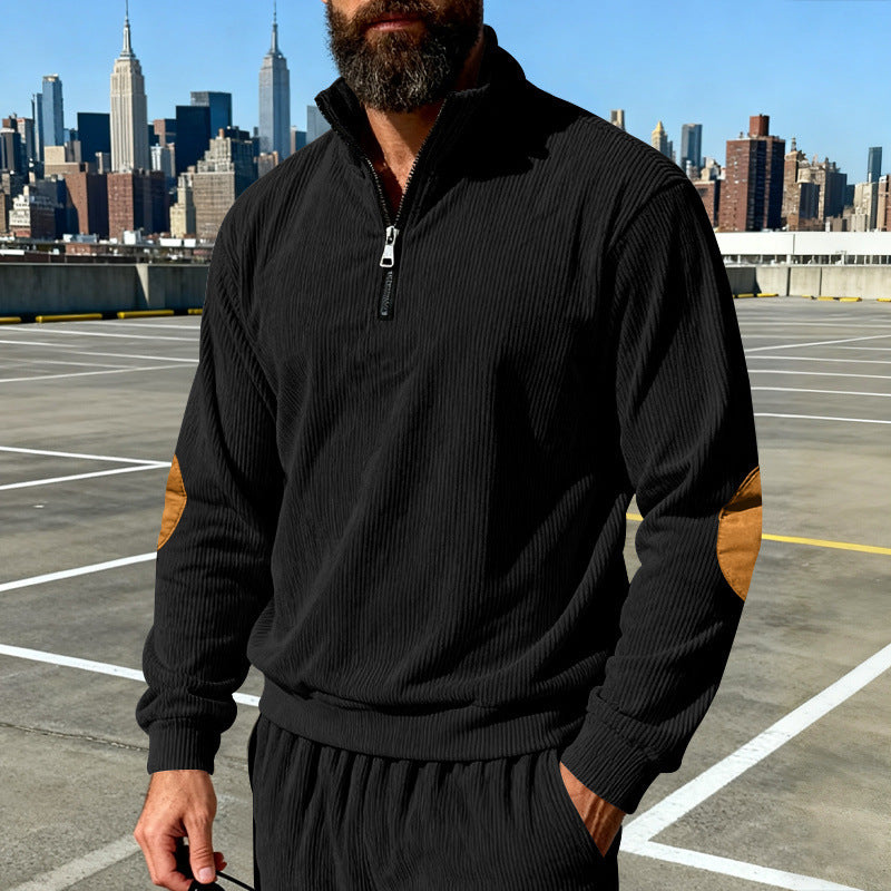 Herren Cord-Struktur-Halbzip-Pullover im Relaxed-Fit mit Stehkragen und Ellbogen-Patch Shop Nory