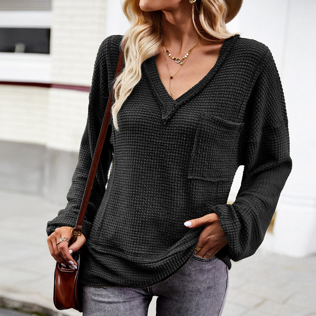 Damen nan Waffelstruktur V‑Neck Pullover mit aufgesetzter Brusttasche und überschnittenen Ärmeln Shop Nory