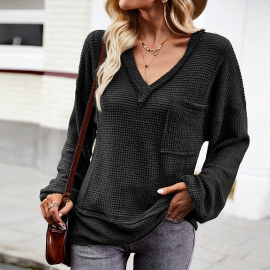 Damen nan Waffelstruktur V‑Neck Pullover mit aufgesetzter Brusttasche und überschnittenen Ärmeln Shop Nory