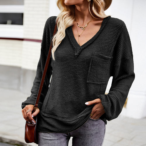 Damen nan Waffelstruktur V‑Neck Pullover mit aufgesetzter Brusttasche und überschnittenen Ärmeln Shop Nory