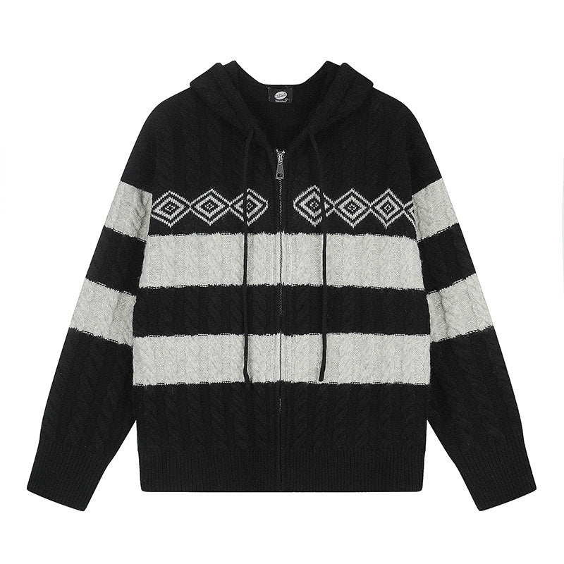 Damen Grobstrick-Kapuzencardigan mit Zopfstrick, Blockstreifen und durchgehendem Reißverschluss Shop Nory