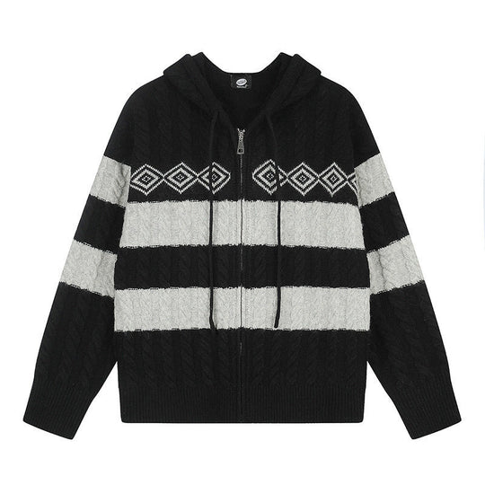 Damen Grobstrick-Kapuzencardigan mit Zopfstrick, Blockstreifen und durchgehendem Reißverschluss Shop Nory