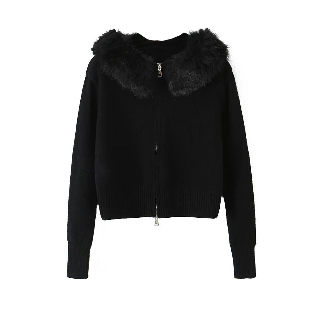 Damen Kurzgeschnittene Strickjacke mit Reißverschluss und abnehmbarem Kunstfellkragen Shop Nory