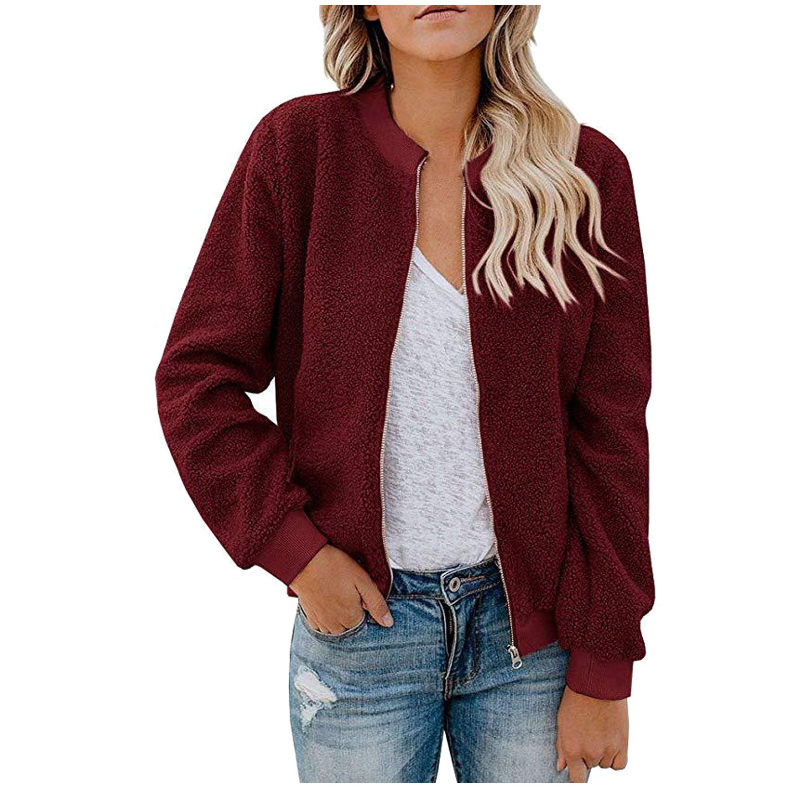 Damen Fleece Bomberjacke mit Stehkragen
