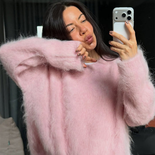 Damen Oversized Mohairpullover mit flauschiger Textur und Rundhalsausschnitt Shop Nory