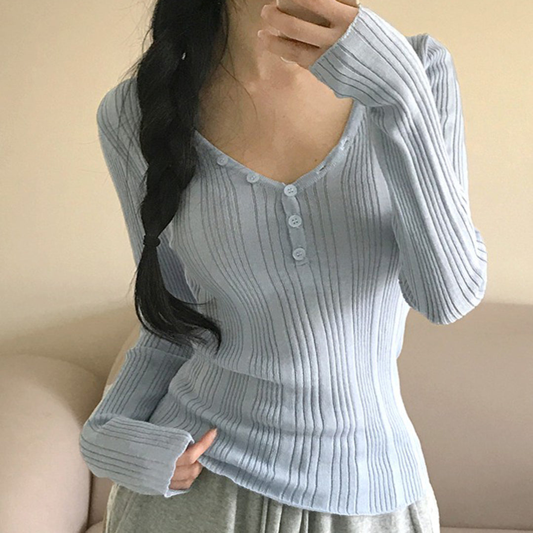 Damen nan feinstrukturierter Rippstrick-Longsleeve mit V-Ausschnitt, Henley-Knopfleiste und taillierter Passform Shop Nory