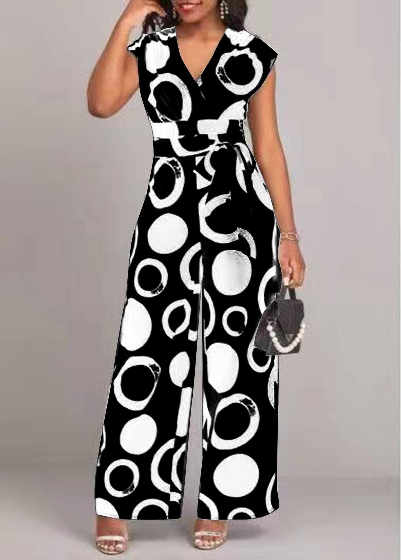 Damen Jumpsuit mit modernem Kreismuster und Taillengürtel