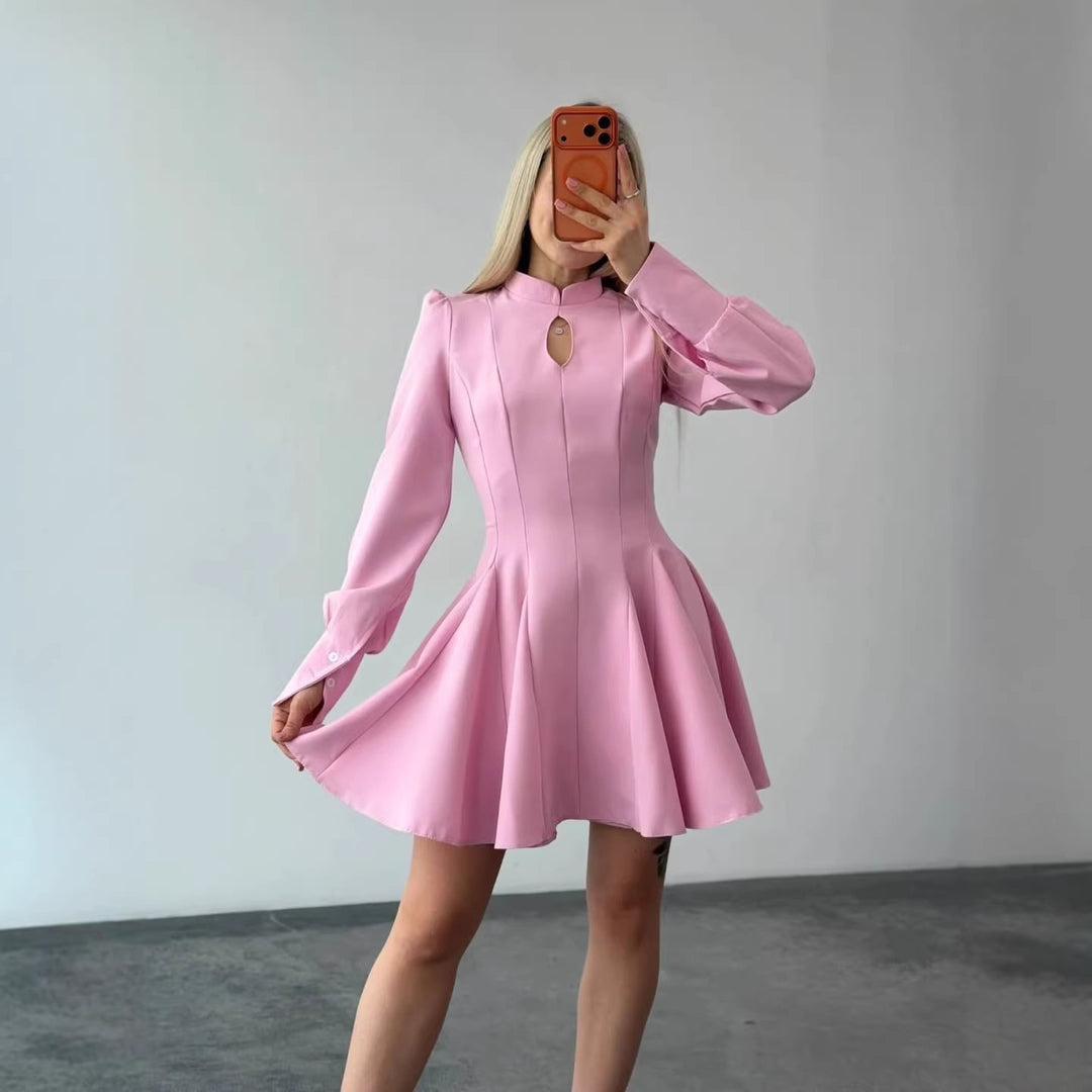 Damen A-Linien Minikleid mit Stehkragen, Schlitzdetail und Ballonärmeln Shop Nory