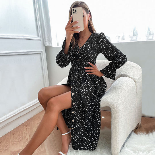 Damen Midi-Kleid mit V-Ausschnitt, Knopfleiste und geraffter Taillennaht Shop Nory