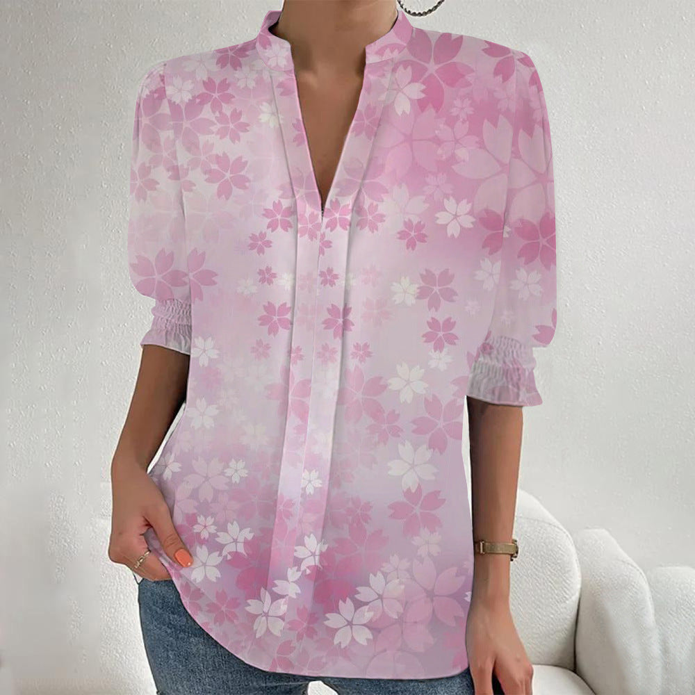 Damen Blumenprint Tunika-Bluse mit Stehkragen, geschlitzter V‑Blende und gerafften 3/4-Ärmeln Shop Nory