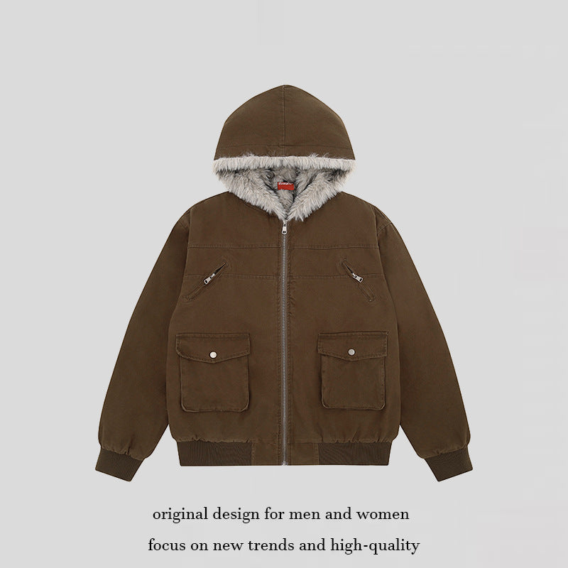 Damen wattierte Kapuzenjacke mit kunstfellfutter, Cargo‑Taschen und elastischen Bündchen Shop Nory