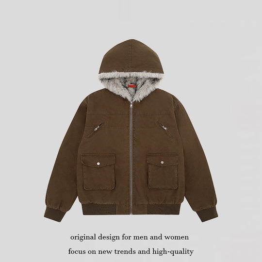 Damen wattierte Kapuzenjacke mit kunstfellfutter, Cargo‑Taschen und elastischen Bündchen Shop Nory