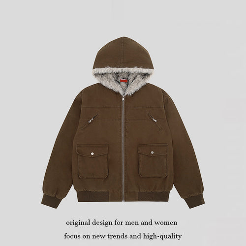 Damen wattierte Kapuzenjacke mit kunstfellfutter, Cargo‑Taschen und elastischen Bündchen Shop Nory