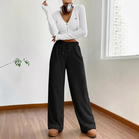 Damen nan hochtaillierte Teddyfleece-Loungehose mit weitem Bein, Kordelzug und seitlichen Eingrifftaschen Shop Nory