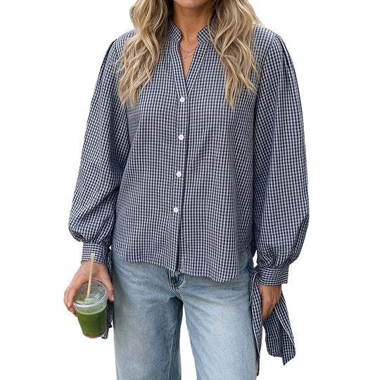 Damen Locker geschnittene Vichy-Karo-Bluse mit Stehkragen, Knopfleiste und Bindemanschetten Shop Nory