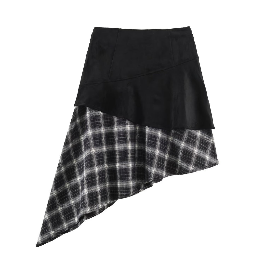 Damen Asymmetrischer Lagenrock mit Kunstleder-Oberschürze und kariertem Chiffon-Volant Shop Nory