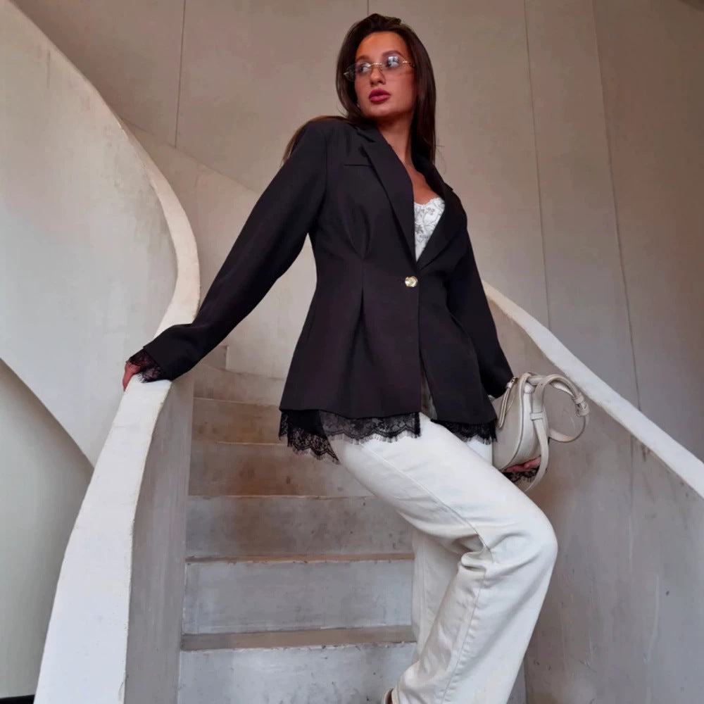 Damen Taillierter Blazer mit Spitzenbesatz, strukturierter Schulter und Ein-Knopf‑Verschluss Shop Nory