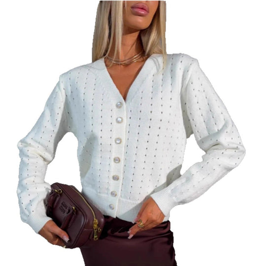 Damen Modische Strickjacke mit V-Ausschnitt und Knopfdetail Shop Nory