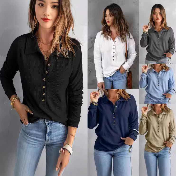 Damen Langarm-Waffelshirt mit Hemdkragen und Knopfleiste Shop Nory