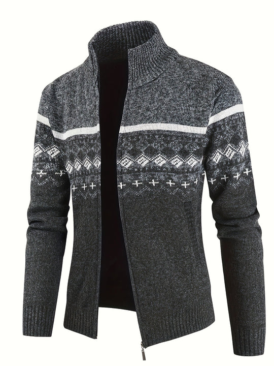 Herren Thermo-Strickjacke mit Stehkragen und Reißverschluss Norwegerstrick Fleece-gefüttert Shop Nory