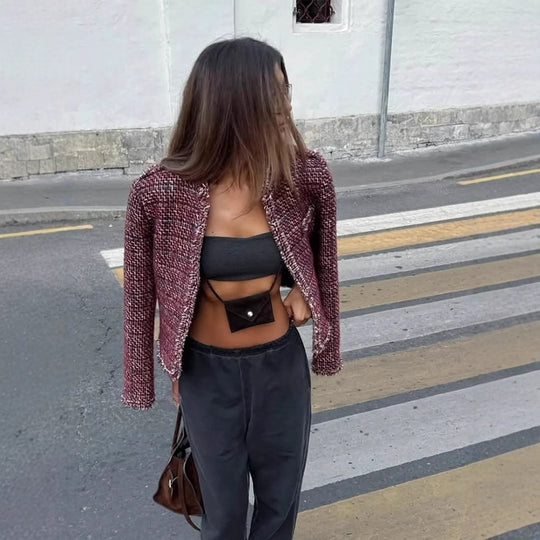 Damen Kurze Bouclé-Tweed-Jacke mit Fransenbesatz und Zierknöpfen Shop Nory
