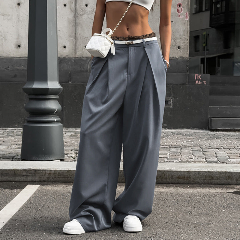 Damen nan hochtaillierte weite Bundfaltenhose mit Cargo‑Details, Gürtelschlaufen und geradem Beinschnitt Shop Nory