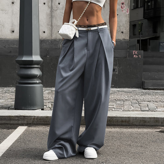 Damen nan hochtaillierte weite Bundfaltenhose mit Cargo‑Details, Gürtelschlaufen und geradem Beinschnitt Shop Nory