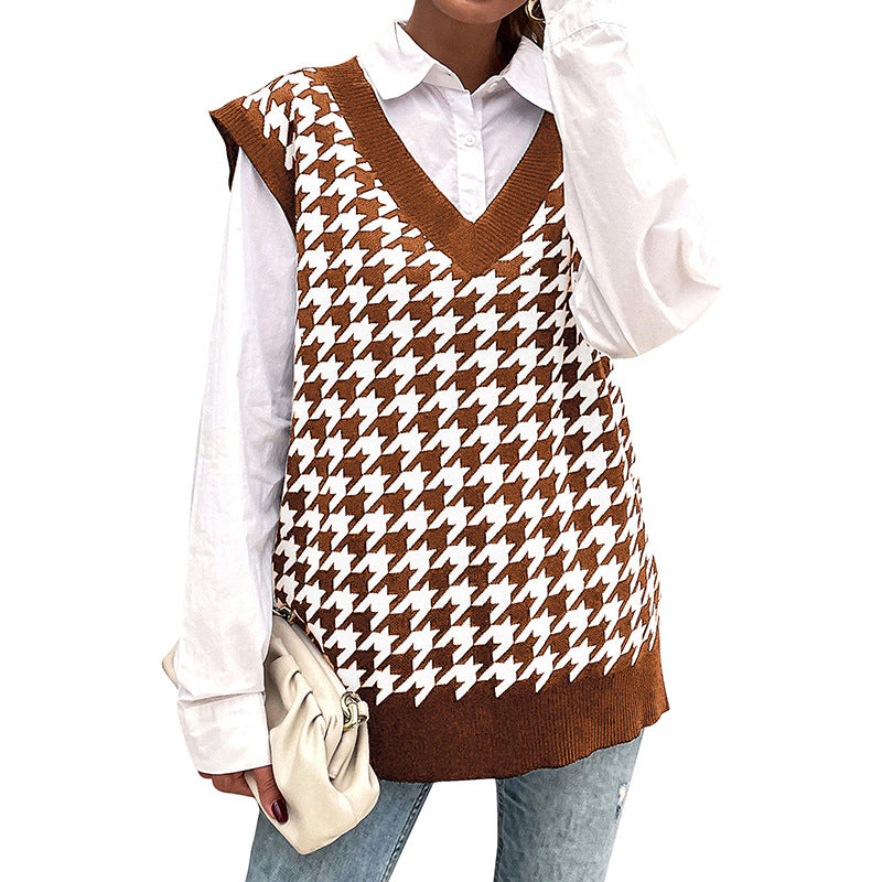 Damen Oversize Strickweste mit Hahnentritt‑Muster und tiefem V‑Ausschnitt Shop Nory