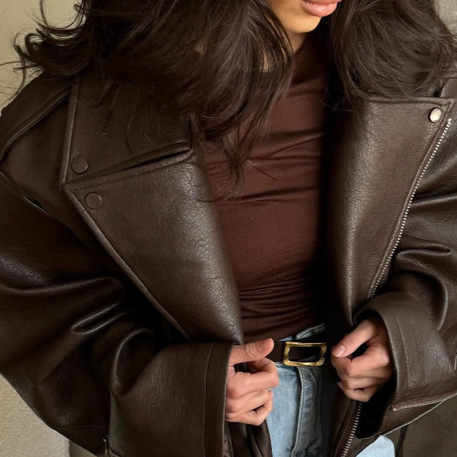 Damen Übergröße Kunstlederjacke im lässigen Stil