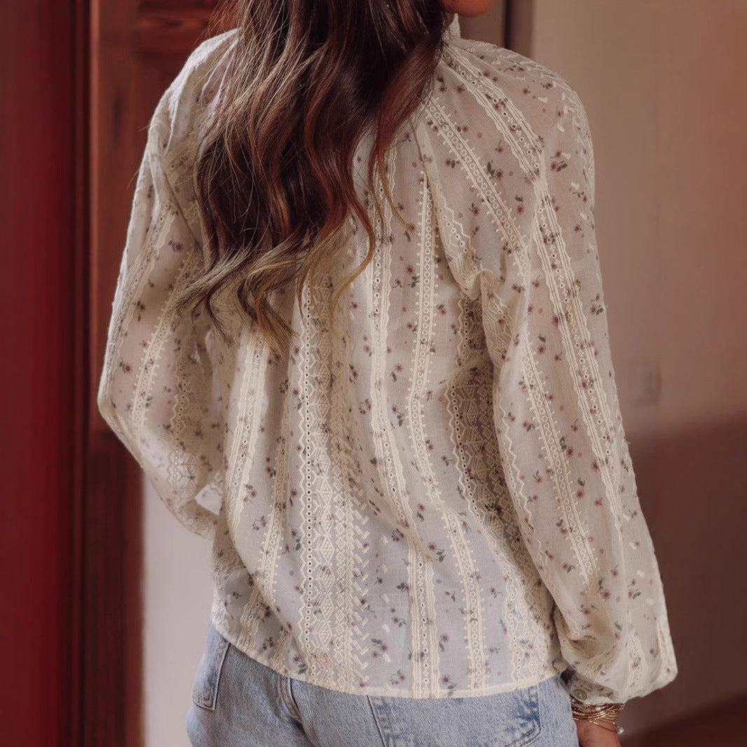 Damen Boho-Spitzenbluse mit Stickerei, V-Ausschnitt, Quasten & Ballonärmeln Shop Nory