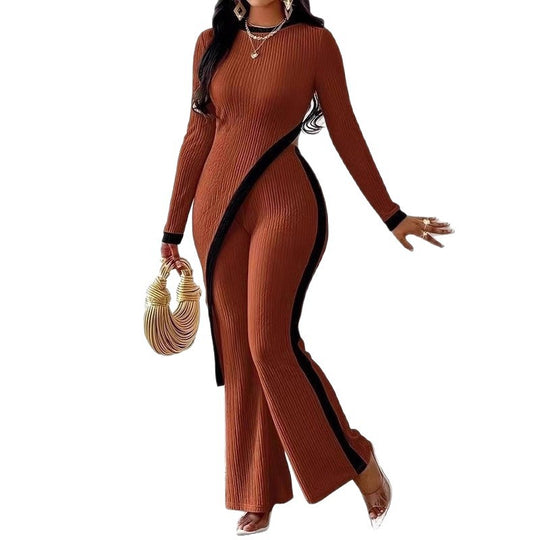 Damen nan eleganter Rippen-Jumpsuit mit asymmetrischer Wickeloptik, taillierendem Cut-Out und kontrastierenden Seitenstreifen Shop Nory