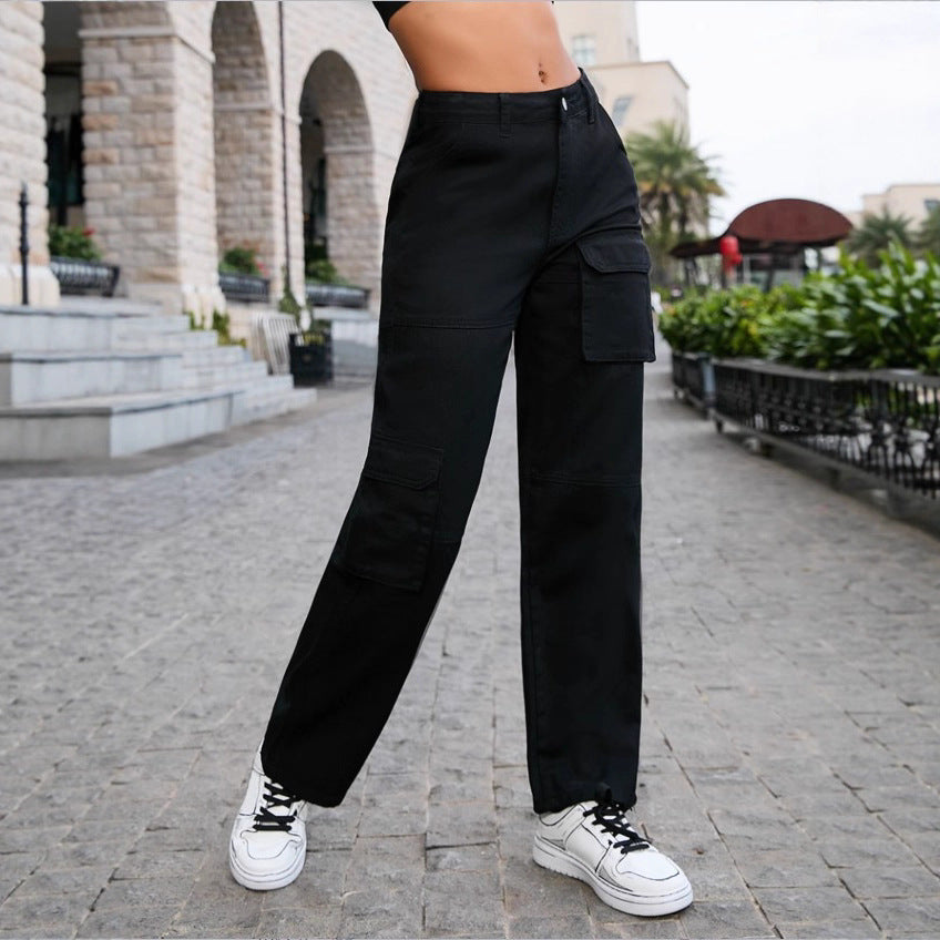 Damen Hochtaillierte utilitaristische Cargo-Hose mit geradem Bein und Mehrfachtaschen Shop Nory