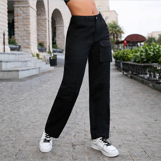 Damen Hochtaillierte utilitaristische Cargo-Hose mit geradem Bein und Mehrfachtaschen Shop Nory